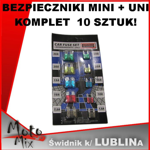 Bezpieczniki samochodowe - komplet 10 szt. MINI + STANDARD Bezpieczniki samochodowe - komplet 10 szt. MINI + STANDARD