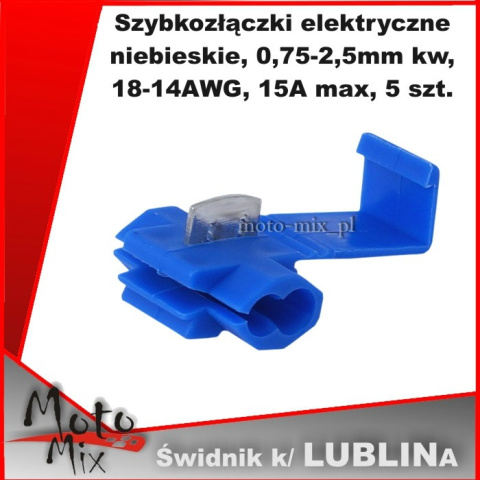 Szybkozłączki elektryczne, niebieskie, 0,75-2,5mm kw, 18-14AWG, 15A max, 5 szt. Szybkozłączki elektryczne, niebieskie, 0,75-2,5mm kw, 18-14AWG, 15A max, 5 szt.