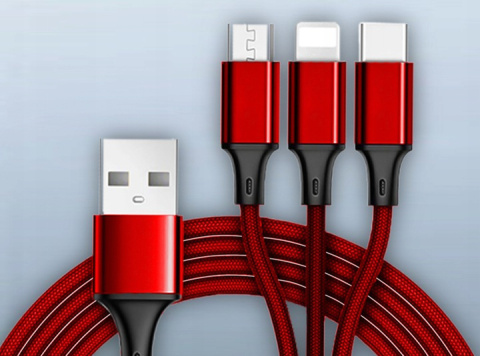 Kabel 3w1 | USB - Micro USB, iPhone Lightning, Type-C | Nylonowy oplot czerwony Kabel 3w1 | USB - Micro USB, iPhone Lightning, Type-C | Nylonowy oplot czerwony