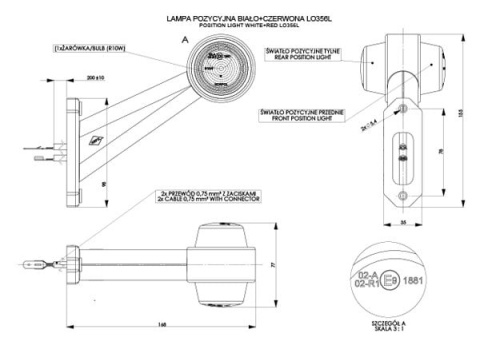 Lampa obrysowa biała + czerwona na wysięgniku lewa Lampa obrysowa biała + czerwona na wysięgniku lewa