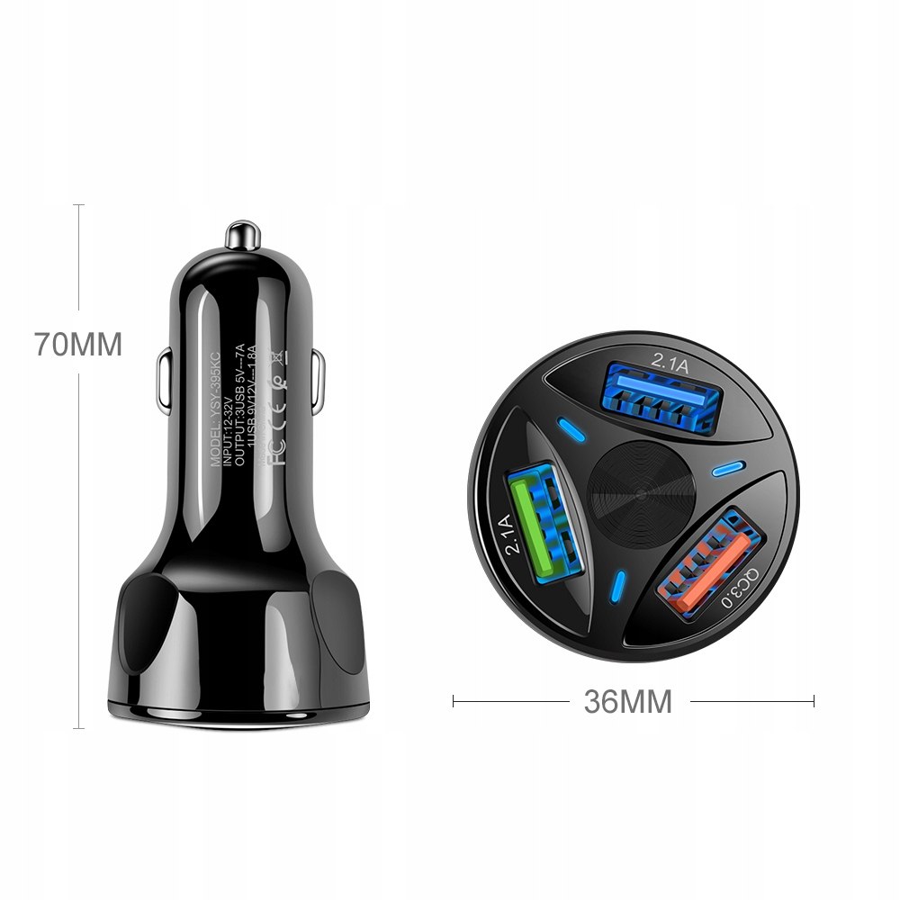 SZYBKA ŁADOWARKA SAMOCHODOWA QUICK CHARGE 3 x USB Prąd wyjściowy 3100 mA